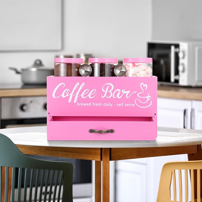 3 Pcs Coffee Bar Containers Set Include Coffee Sugar Container with Lid and Spoon and Double Layer Storage Box with Drawer for Bar Kitchen Countertop (Pink)