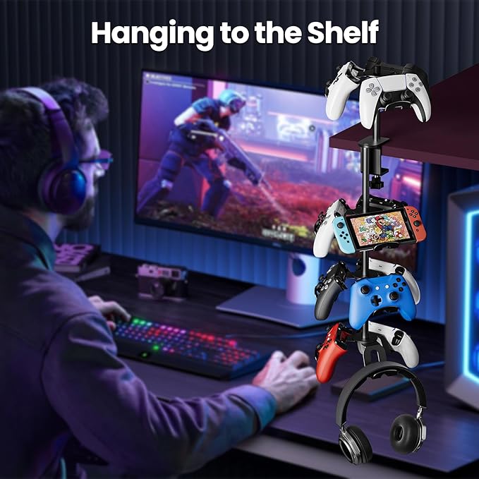 Rotatable Aluminum Desk Clamp Controller Holder, 4 Tier Universal Under Desk Controller Headphone Stand Compatible with Xbox PS5 Nintendo Switch PS4, Gaming Headset Holder Hanger (Black)