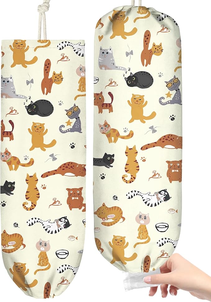 Plastic Bag Holder, Grocery Bag Organizer - 1 Pack Cute Kitchen Dispenser Holders Reusable Shopping Western Hanging Wall with Adjustment Drawstring Closure for Women Home, Cats