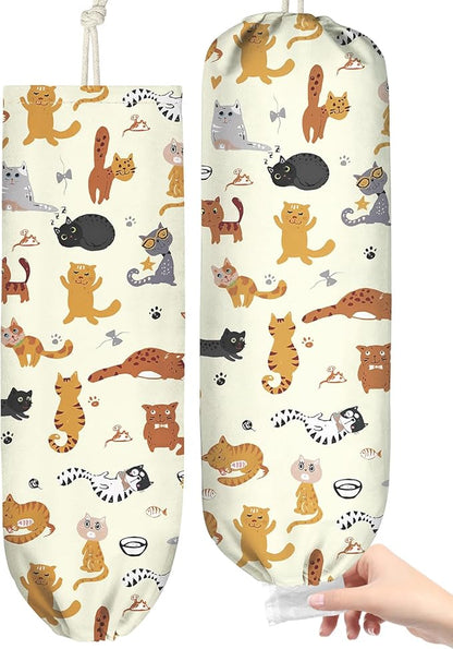 Plastic Bag Holder, Grocery Bag Organizer - 1 Pack Cute Kitchen Dispenser Holders Reusable Shopping Western Hanging Wall with Adjustment Drawstring Closure for Women Home, Cats