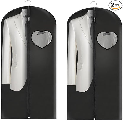 Dress Bags for Gowns Long, 45'' Garment Bags for Hanging Clothes, Suit Bag Cover for Storage and Travel, with Clear Heart Window, 2 Pack (Black)
