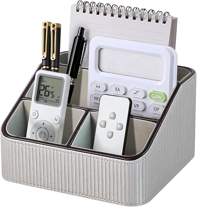 ACUDUDOMA PU Leather Remote Control Organizer Holder, 4-Compartment Small Desk Organizer, All-in-One Desk & Nightstand Caddy for Remotes, Phones, Glasses & Office Accessories