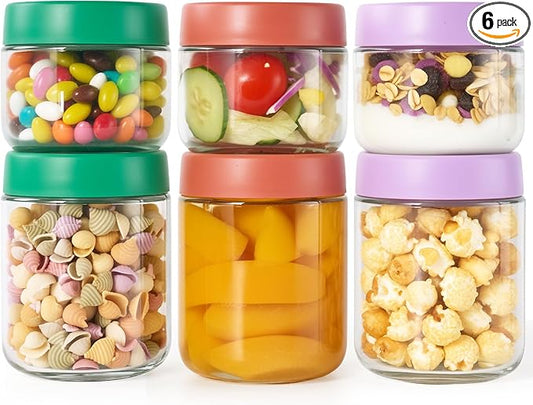 Hoa Kinh Overnight Oats Jars with Lids, 9oz & 16oz Leak Proof Small Jars for Overnight Oats, Cereal, Clear Empty Glass Jar with Lids for Kitchen 6Pack(Red, Green and Purple)