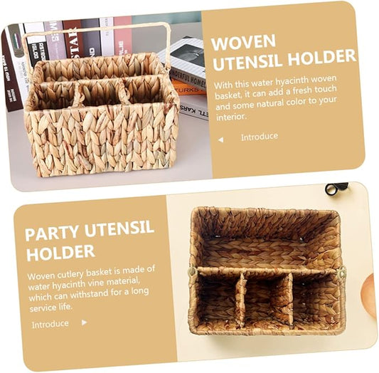 PRETYZOOM Woven Cutlery Holder with Handle Divided Utensil Storage Basket for Kitchen Organization Handmade Vine Material Portable and Practical Design for Dining Table Use