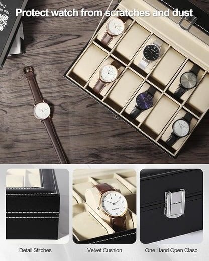Uten Watch Organizer - 12 Slot PU Case with Glass Lid, Valentine's Day Gift, Watch Display Box with Removable Pillow, Metal Clasp