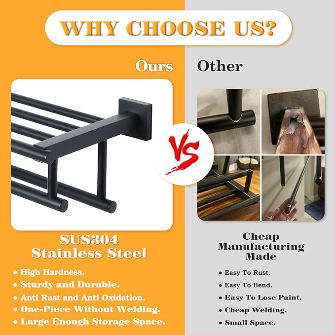 Alise Towel Rack for Bathroom Wall Mount,Bathroom Towel Holder Double Towel Bars with Shelf,16 Inch SUS304 Stainless Steel Towel Hanger for Bathroom Walls,Matte Black