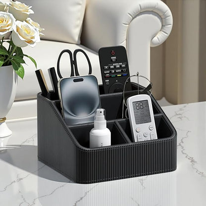 ACUDUDOMA PU Leather Remote Control Organizer Holder, 4-Compartment Small Desk Organizer, All-in-One Desk & Nightstand Caddy for Remotes, Phones, Glasses & Office Accessories