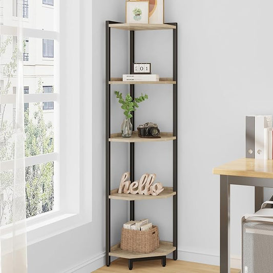 Corner Shelf Stand, Corner Bookshelf, Storage Standing Shelf Unit with Metal Frame, Plant Stand, Corner Bookcase for Living Room, Home Office, Bedroom, 5-Tier Greige CS05905B