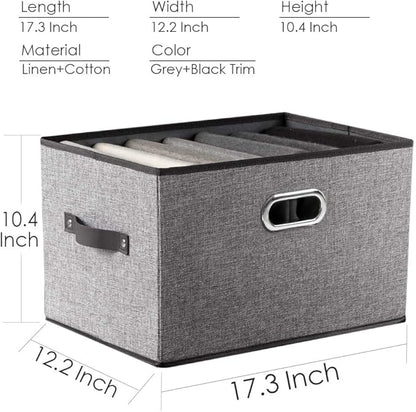 PRANDOM Larger Collapsible Storage Bins for Closet [5-pack] Decorative Linen Fabric Storage Baskets Cubes with Leather/Metal Handles for Living Room Grey (17.3x12.2x10.4 Inch)