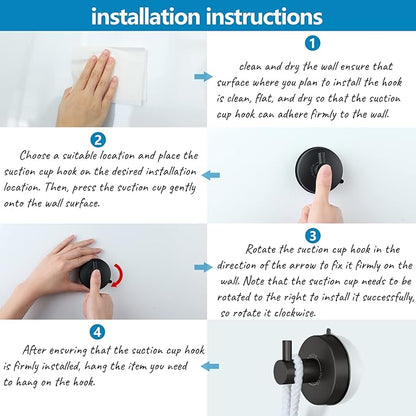 DGYB Suction Cup Hooks for Shower Set of 2 Towel Hooks for Bathrooms SUS 304 Stainless Steel Matte Black Shower Hook for Loofah 15 LB Bathroom Hook for Towels