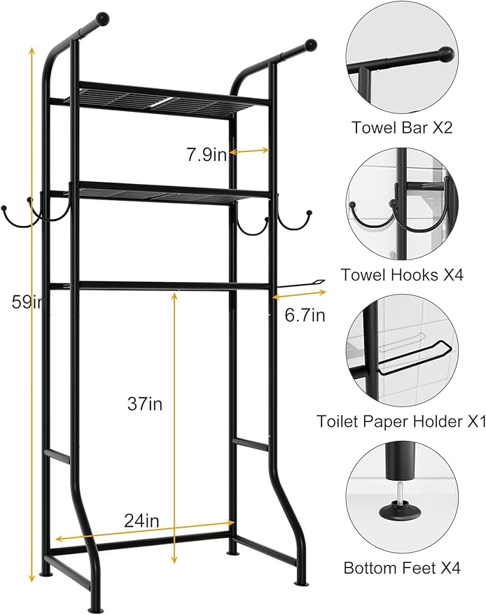 JUKAMO 3-Tier Over The Toilet Storage Shelf，Bathroom Organizers and Storage Over Toilet，Metal Bathroom Space Saver with 2 Bars，1 Paper Holder and 4 Hooks,Black