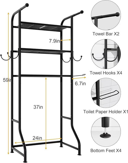 JUKAMO 3-Tier Over The Toilet Storage Shelf，Bathroom Organizers and Storage Over Toilet，Metal Bathroom Space Saver with 2 Bars，1 Paper Holder and 4 Hooks,Black