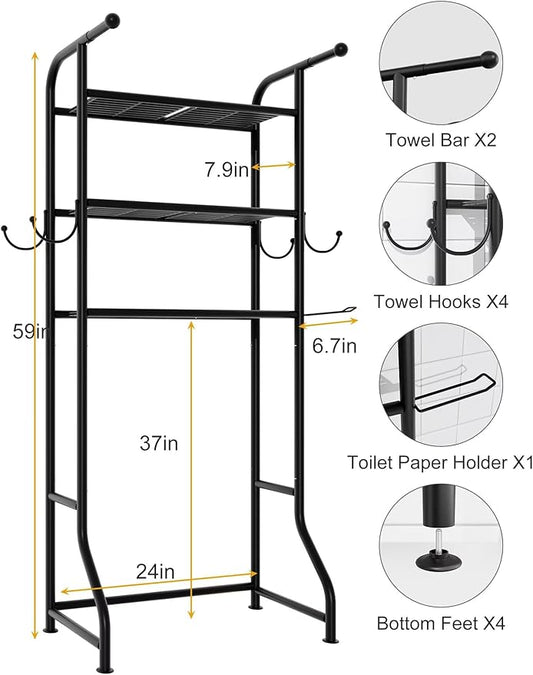 JUKAMO 3-Tier Over The Toilet Storage Shelf，Bathroom Organizers and Storage Over Toilet，Metal Bathroom Space Saver with 2 Bars，1 Paper Holder and 4 Hooks,Black