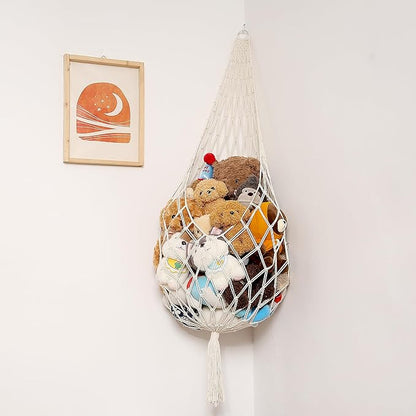 Stuffed Animal Storage Organizers Toy Hammock Corner Hanging Net Stuffy Animal Hammock Macrame Toy Display Plush Toy Holder Wall, Kid Bedroom Decor Boho Nursery Playroom Organizer (Cream XL)