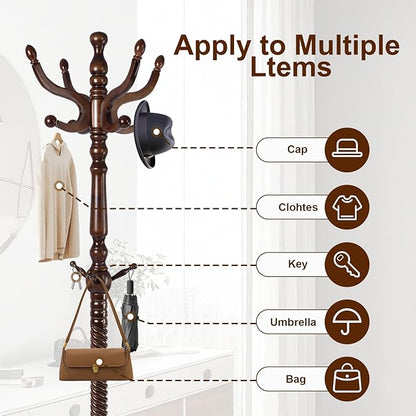 Solid Wood Coat Rack – 74.8" Freestanding Coat Racks Stand with 11 Hooks & Stable Base, Adjustable Height Modern Wooden Hall Tree for Entryway, Bedroom, Office, Home (Walnut Triangle)