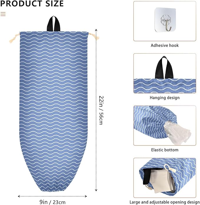 2 PCS Plastic Bag Holder Wall Mount Grocery Bag Holder Shopping Bag Trash Bag Storage Organizer Dispenser for Kitchen Closet 22 x 9 Inch Blue Wavy Lines