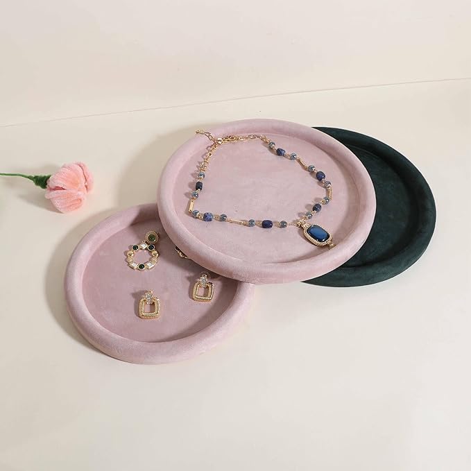 GemeShou Round Jewelry Organizer Plate, Top Microfiber Velvet Jewelry Display Tray, Empty Jewelry Showcase Tray for Necklaces, Bracelets, Rings, Earrings (Pink-Large, 9.8 x 9.8 in)