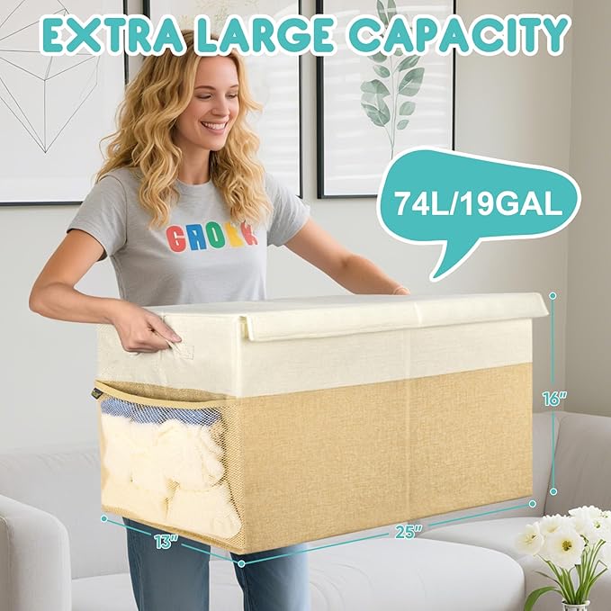 BALEINE Fabric Storage Bins with Lid, Collapsible Extra Large Storage Boxes Bins Baskets with Divider for Home Organizing (25"x13"x16", Khaki&Beige)