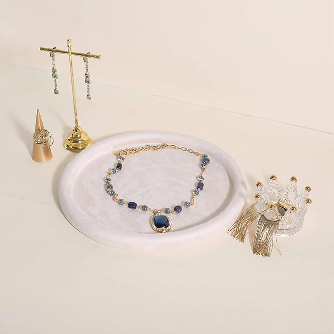 GemeShou Round Jewelry Organizer Plate, Top Microfiber Velvet Jewelry Display Tray, Empty Jewelry Showcase Tray for Necklaces, Bracelets, Rings, Earrings (Cream-Large, 9.8 x 9.8 in)