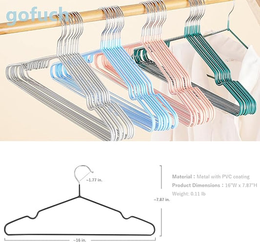 gofuch Ultra-Thin Metal Hangers, 50 Pack Non-Slip PVC Coated Space Saving Clothes Hangers for Closet, 16 inch Wide for Suits, Dresses, Jackets（Blue）