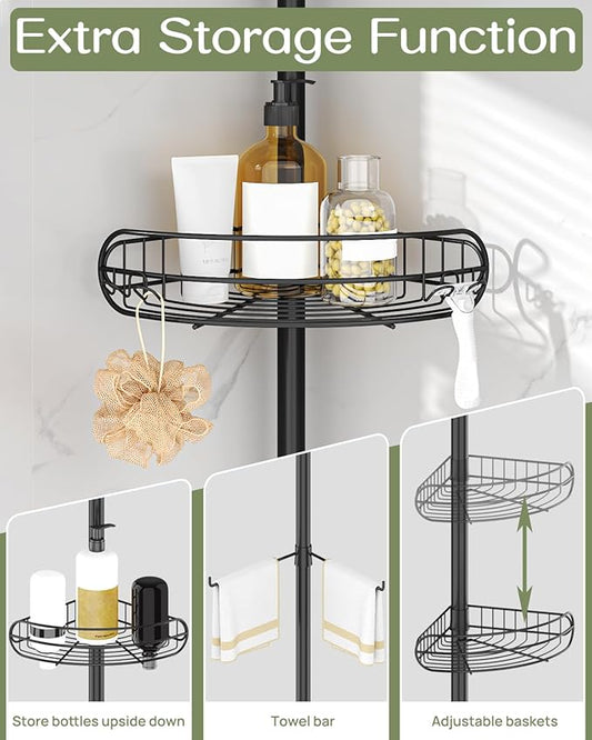 ALLZONE Corner Shower Caddy Tension Pole, 4-Tier Adjustable Shelves, Rustproof Bathroom Shower Organizer Corner for Inside Shower Storage, Tension Mounted, 39 to 115 Inch Height, Black