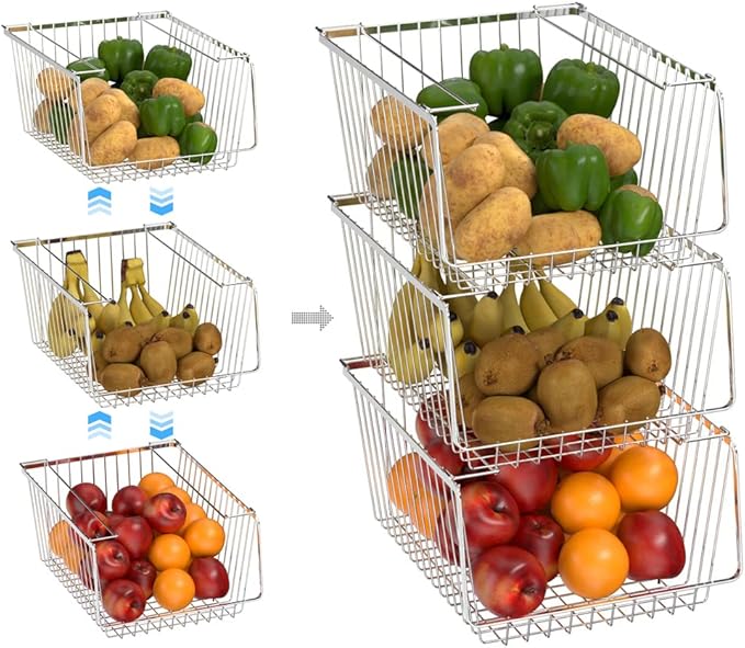 Wire Storage Baskets Stackable Refrigerator Organizer Bins Sturdy Metal Wire Bin Baskets Organization Baskets for Storage with Handles for Kitchen, Closets, Bathroom, Cabinets -Set of 3