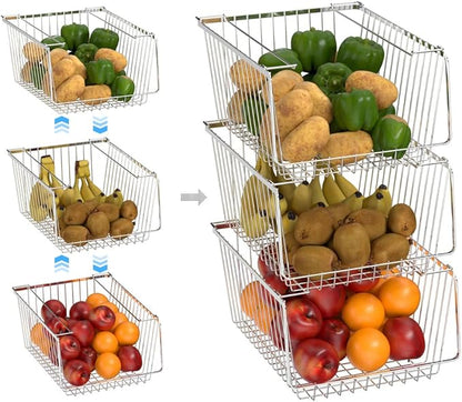Wire Storage Baskets Stackable Refrigerator Organizer Bins Sturdy Metal Wire Bin Baskets Organization Baskets for Storage with Handles for Kitchen, Closets, Bathroom, Cabinets -Set of 3