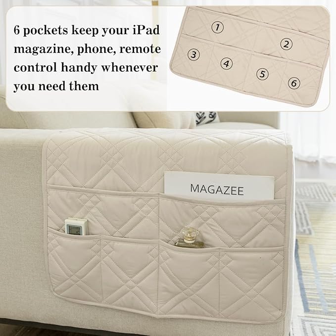 HADEEONG Couch Armrest Organizer Remote Control Holder Bedside Caddy with 6 Pockets, Non-Slip Armchair Caddy Sofa Armrest Organizer for Tv Remote Control, Magazine, Cell Phone, Beige