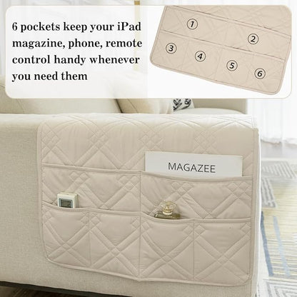 HADEEONG Couch Armrest Organizer Remote Control Holder Bedside Caddy with 6 Pockets, Non-Slip Armchair Caddy Sofa Armrest Organizer for Tv Remote Control, Magazine, Cell Phone, Beige