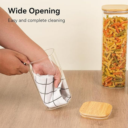 Glass Spaghetti Pasta Storage Container - 3 Pack 82 OZ Airtight Food Storage jar with Bamboo Lid Labels - Tall Square Kitchen Pantry Canister Set for Noodle Cookies Flour Cereal Coffee Bean