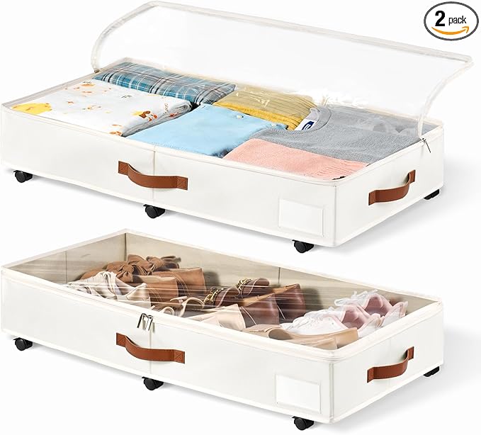 KitHero 6 Inches Under Bed Storage with Wheels Pack of 2, Underbed Shoe Storage Container Bin with Clear Lid Cover, Rolling Under Bed Drawer Storage Bag Basket for Shoe Organizer Sheet Sweater - White