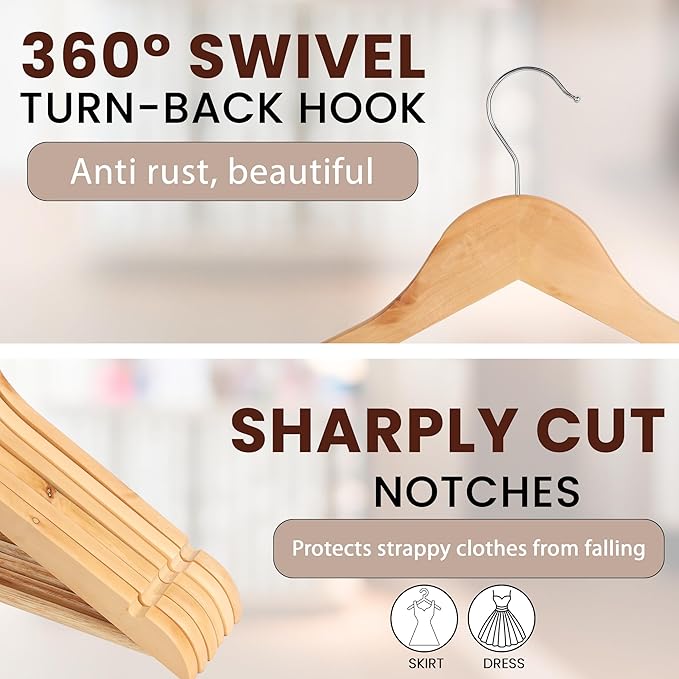 Kings Lifestyle Hub Wooden Hangers Premium Natural Bamboo Wood Hanger Well Polished Ergonomic Design & Sharply Cut Notches with Swivel Hook (Light Brown, Pack of 30)