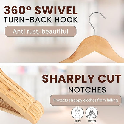 Kings Lifestyle Hub Wooden Hangers Premium Natural Bamboo Wood Hanger Well Polished Ergonomic Design & Sharply Cut Notches with Swivel Hook (Light Brown, Pack of 30)