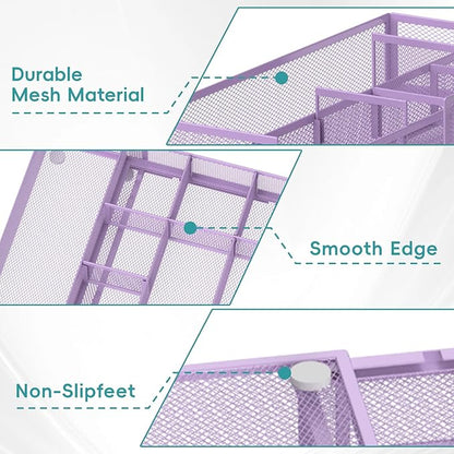 Expandable Desk Drawer Organizer Tray with 10 Adjustable Compartments, Metal Mesh Office Drawer Organizer, Versatile Desk Organizer for Home, School Supplies, Makeup Vanity & Jewelry (Purple)