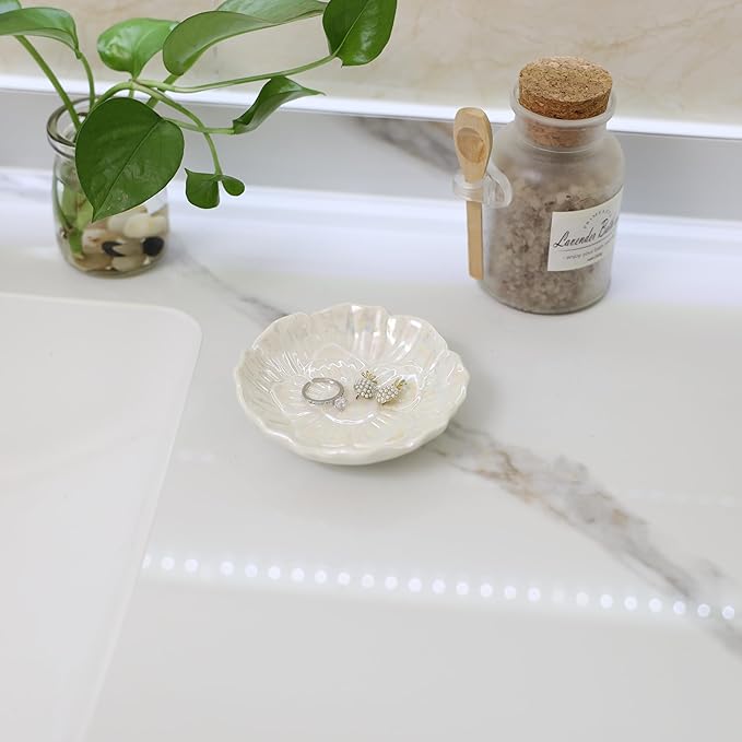 YZMICSTAR Flower Ring Dish Holder,Jewelry Dish Tray,Small Trinket Tray,Jewelry Plate Bowl,Key Bowl,Decorative Plate,Birtdhay Christmas Gifts for Women Friends,Ceramic Pearl White