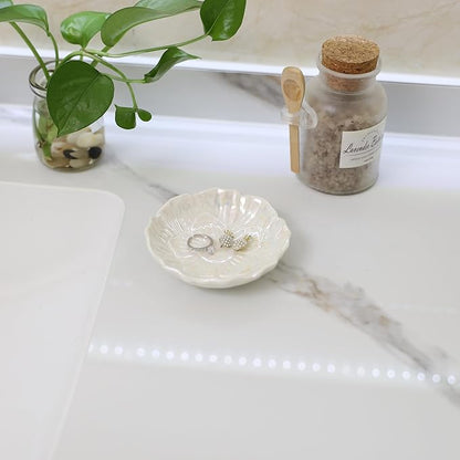 YZMICSTAR Flower Ring Dish Holder,Jewelry Dish Tray,Small Trinket Tray,Jewelry Plate Bowl,Key Bowl,Decorative Plate,Birtdhay Christmas Gifts for Women Friends,Ceramic Pearl White