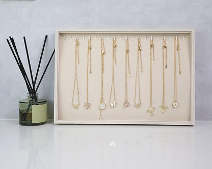 Stratalife Necklace Organizer Stackable Jewelry Organizer 20 Hooks Large Jewelry Tray Necklaces Holder Bracelet Storage for Women Girls Velvet (Beige Necklace Tray)