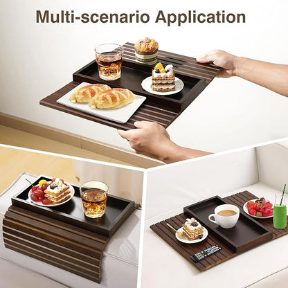 Couch Arm Tray, Bamboo Sofa Table for Couch, Sofa Armrest Tray Table, Anti-Slip Armrest Organizer, Foldable Couch Cup Holder for Snacks, Phone, Control, Cups, Brown