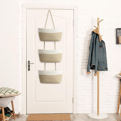 TeoKJ Over the Door Hanging Basket, 3-Tier Woven Cotton Wall-Mounted Storage Organizer Bag Decorative Hanging Kitchen Baskets - White + Jute