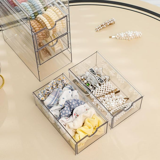 FABROK Clear Hair Accessory Organizer Box with 4 Drawers, Compact Storage Organization Drawers Set for Cosmetics, Glasses, Stationery, Stackable Storage Containers Box for Bathroom, Closet, Desk, Office
