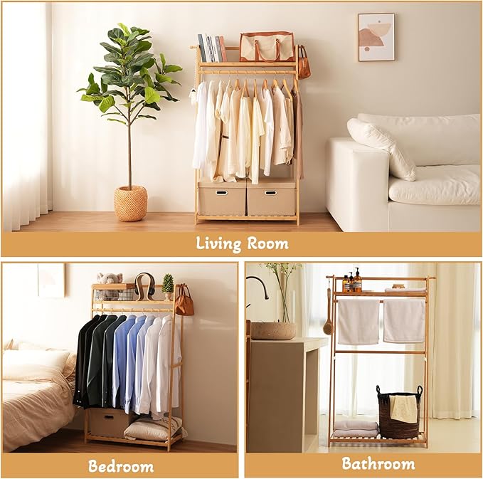 Bamboo Clothing Garment Rack 2 Tier Storage Shelf Coat Clothes Hanging Rack, Portable Wardrobe Closet Organizer With Top Shelf, Shoe Storage Shelves for Bedroom (Natural - 31.5 in)