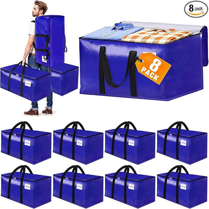8-Pack Moving Bags with Backpack Straps & Carry Handles, 30 Gallons-125 L Heavy Duty Storage Totes for Space Saving, Foldable Storage Bags for College Dorm, Travel, Camping (Blue)