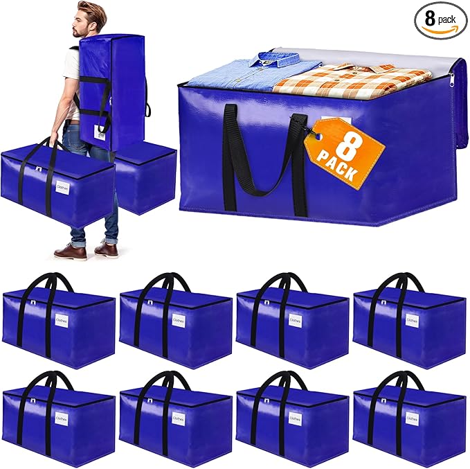 8-Pack Moving Bags with Backpack Straps & Carry Handles, 20 Gallons-76 L Heavy Duty Storage Totes for Space Saving, Foldable Storage Bags for College Dorm, Travel, Camping (Blue)