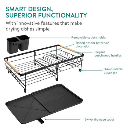 Navaris Expandable Dish Rack - Adjustable Draining Board for Drying Dishes - Removable Plates and Cutlery Holder - Kitchen Sink Washing Up Drainer with Plug and Drip Tray - Black