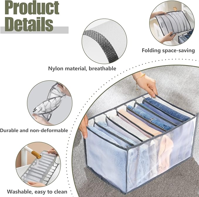 TOOVREN Closet Organizer 5PCS, Clothes & Pants Organizer for Folded Clothes, T-Shirts, Bras, Skirts, Jeans (7 Grids)