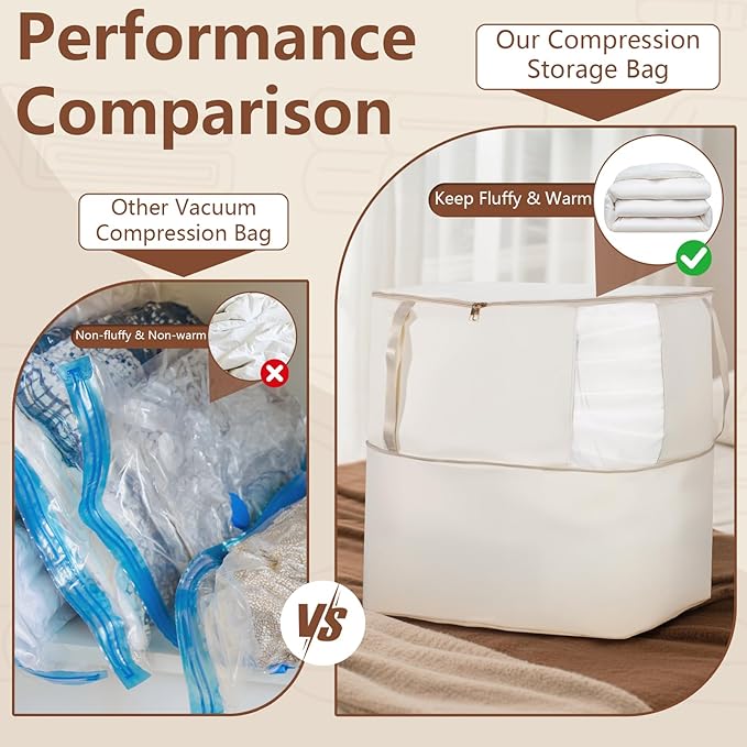 Compression Storage Bags for Down Comforters, Foldable Reusable Organizer for Down Coats, Clothes, Bedding, Blanket, Self Compression Packing Cubes Space Saver Bags with Dual Zipper, 2 Pack 136L Beige