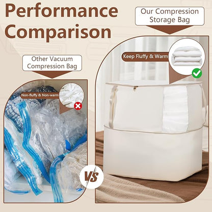 Compression Storage Bags for Down Comforters, Foldable Reusable Organizer for Down Coats, Clothes, Bedding, Blanket, Self Compression Packing Cubes Space Saver Bags with Dual Zipper, 2 Pack 136L Beige