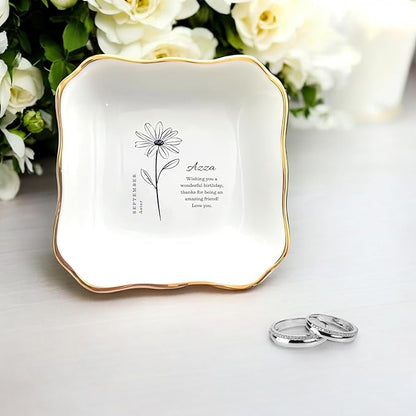 HatafaFurni Birthday Ring Dish Holder Gift for Her, Personalised Birth Flower Jewelry Dish Gift for Friend with custom Name, Message - Christmas Birthday Jewelry Tray, Ceramic Ring Dish for Mom Sister