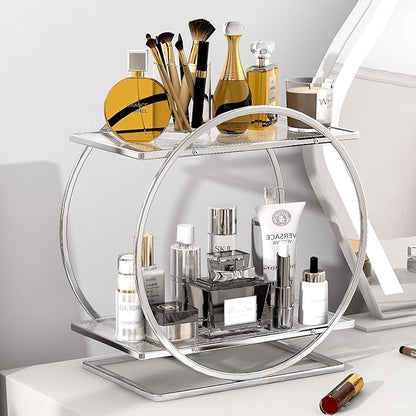 YIWANFW Perfume Organizer for Bedroom Dresser- Sliver Makeup Organizers for Vanity, 2 Tier Bathroom Countertop Organizer Perfume Tray Skincare Storage Cosmetic Display Rack, Make Up Counter Shelf