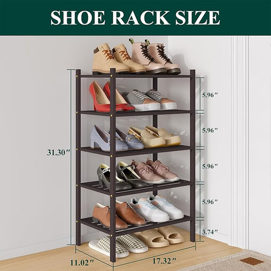 Smiry Small Bamboo Shoe Rack 5-Tier, Stackable Wooden Shoe Organizer for Entryway & Closet, Free Standing Wood Shoe Storage Shelf for Front Door & Small Spaces, Brown